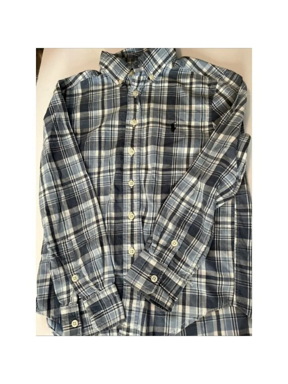 Boys Ralph Lauren Polo Button Down Blue Gray Plaid Small 8 Dress Shirt